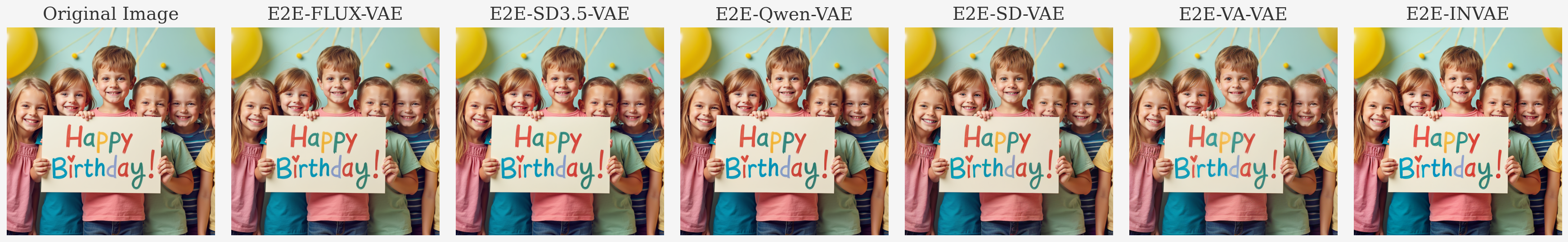VAE reconstruction comparison - children with birthday sign